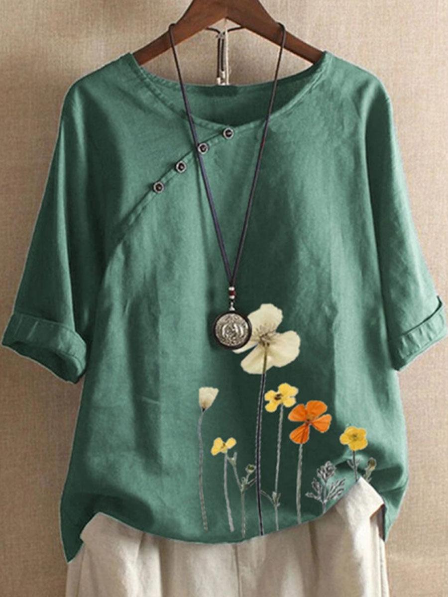 Floral Print Short Sleeve Cotton And Linen Blouse