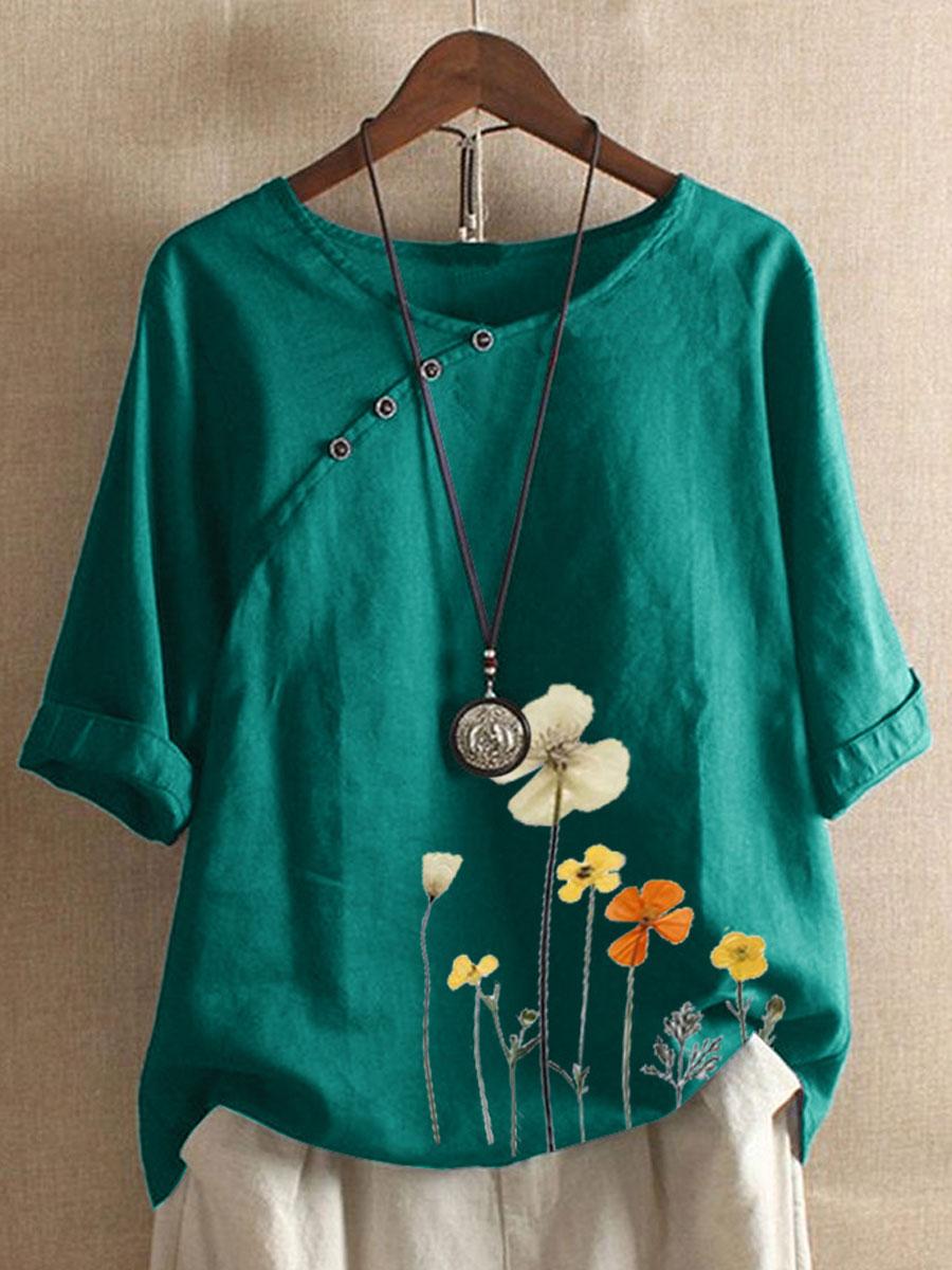 Floral Print Short Sleeve Cotton And Linen Blouse