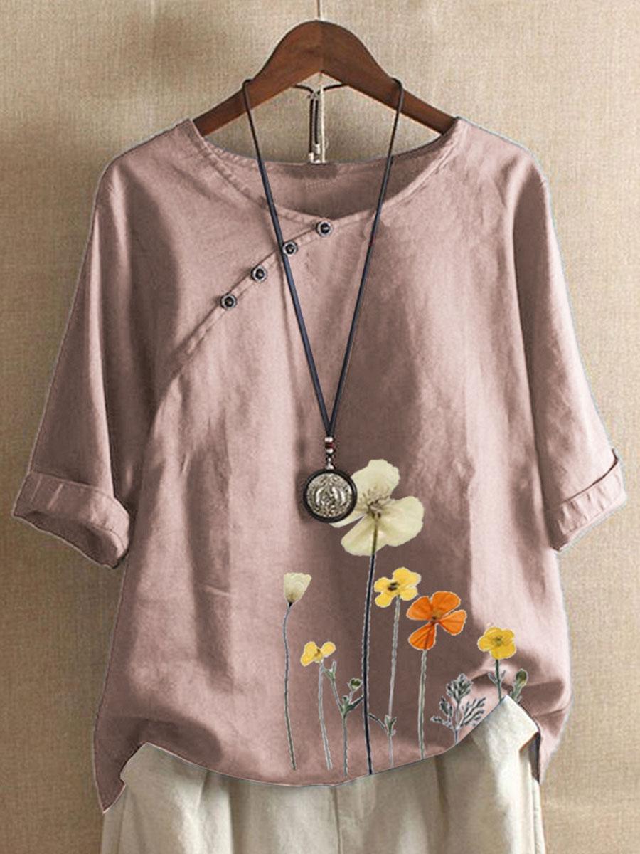 Floral Print Short Sleeve Cotton And Linen Blouse