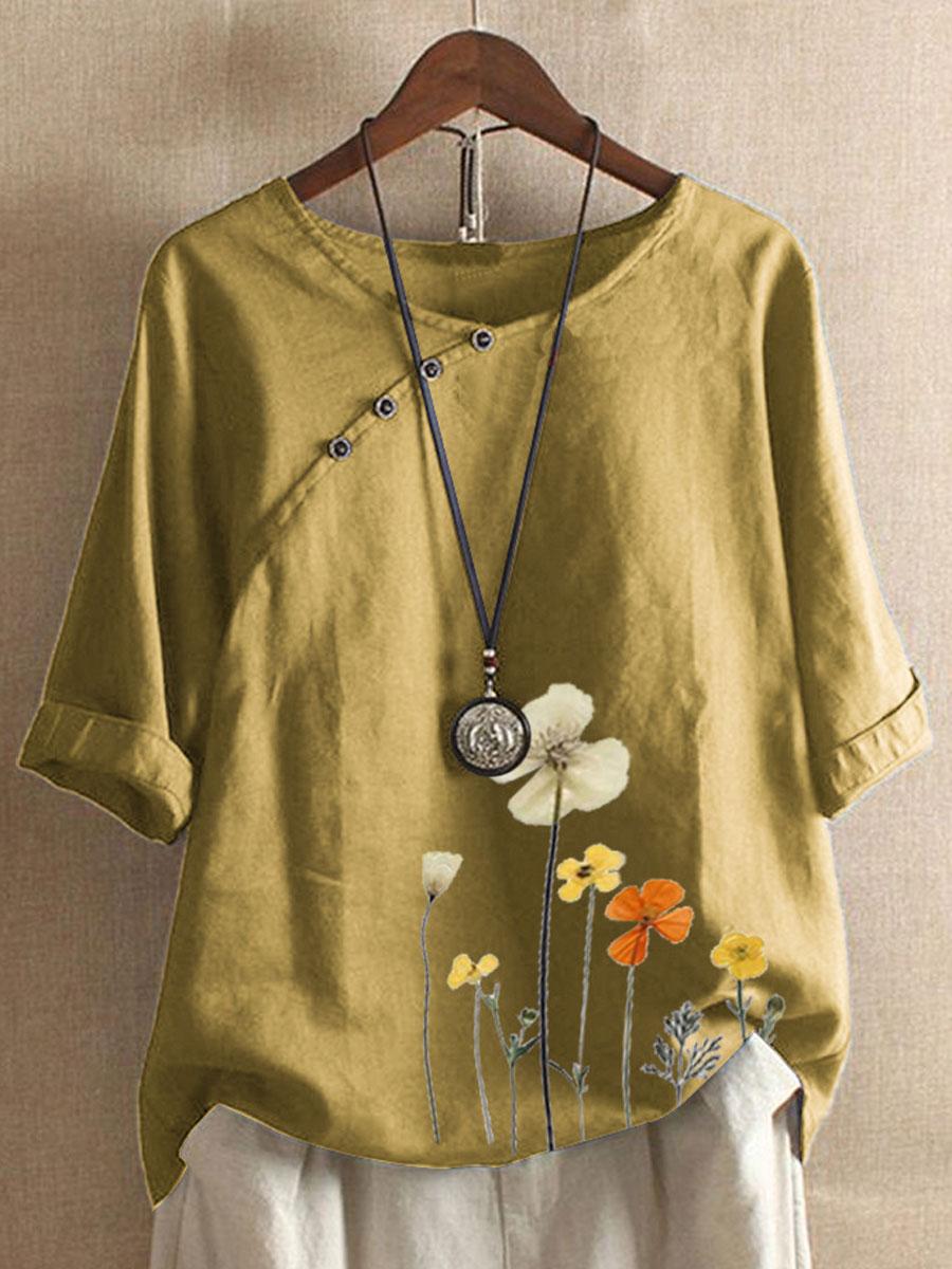 Floral Print Short Sleeve Cotton And Linen Blouse