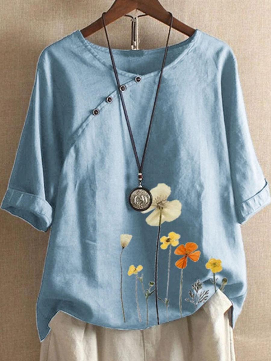 Floral Print Short Sleeve Cotton And Linen Blouse