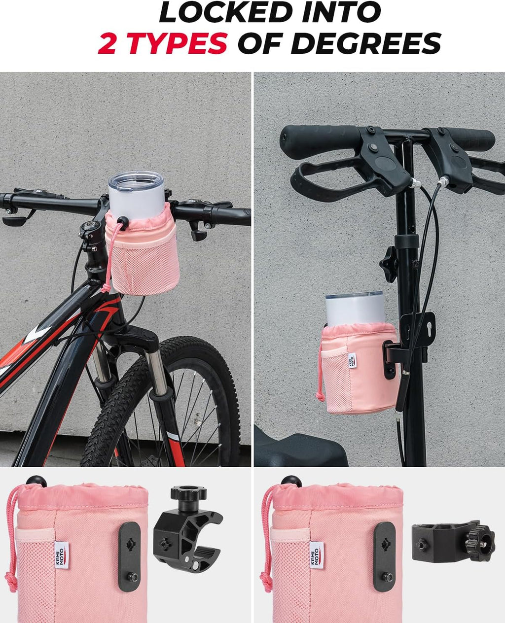 kemimoto Motorcycle Cup Holder, Oxford Fabric Motorcycle Drink Holder with 0.6"-1.75" Alligator Clamp, Universal Water Bottle Holder for Motorcycle, ATV, Scooter, Boat, Kayak, Bike, Walker, Pink