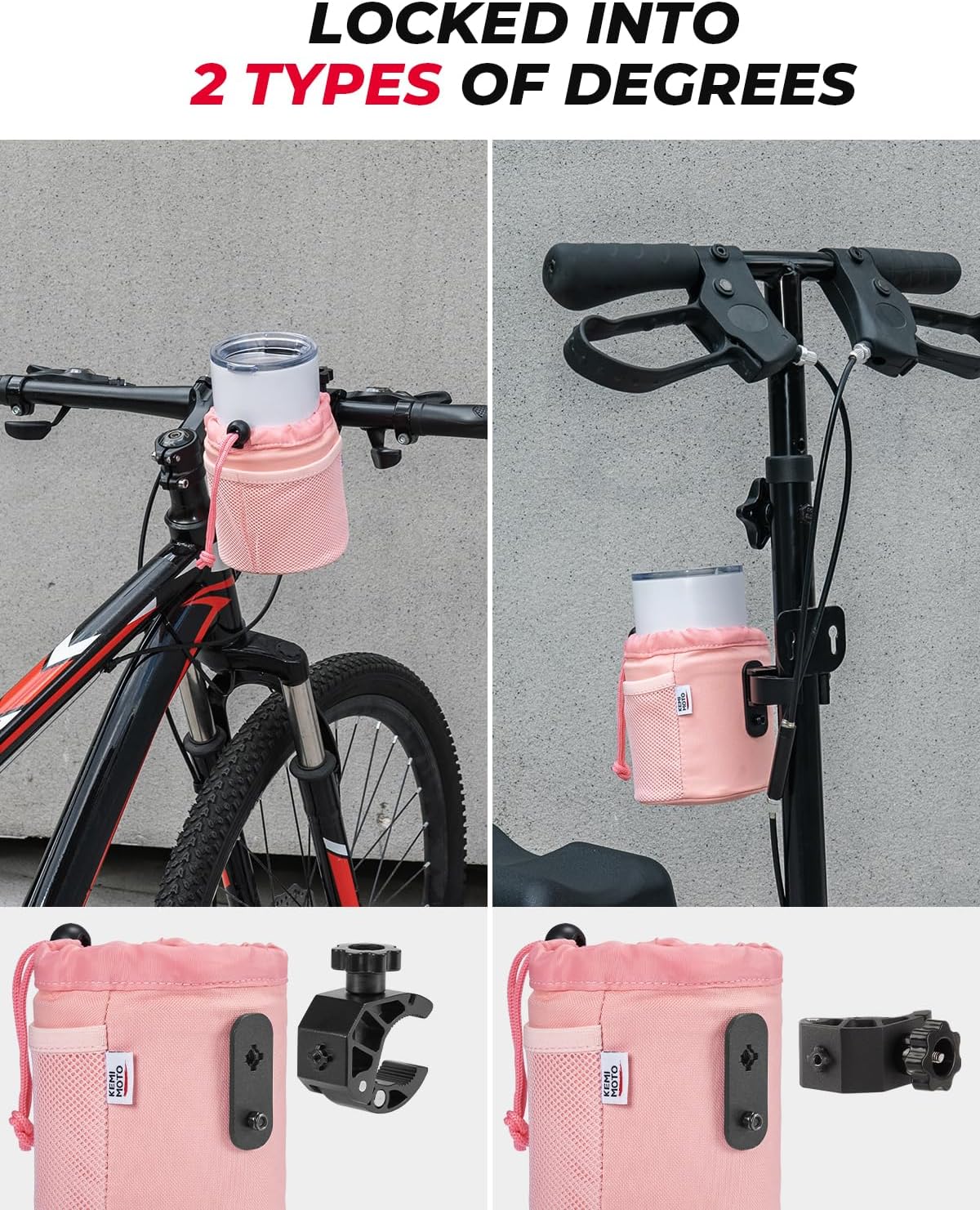 kemimoto Motorcycle Cup Holder, Oxford Fabric Motorcycle Drink Holder with 0.6"-1.75" Alligator Clamp, Universal Water Bottle Holder for Motorcycle, ATV, Scooter, Boat, Kayak, Bike, Walker, Pink