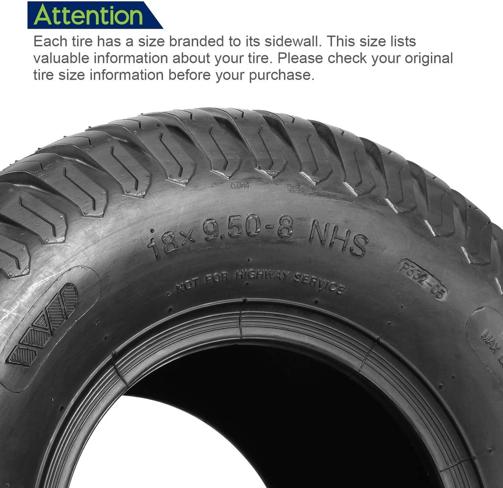 Set of 4 Lawn Mower Turf Tires 15x6-6 Front & 18x9.5-8 Rear Tractor Riding, 4PR, Tubeless