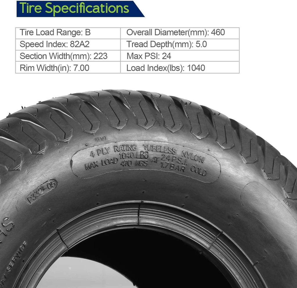 Set of 4 Lawn Mower Turf Tires 15x6-6 Front & 18x9.5-8 Rear Tractor Riding, 4PR, Tubeless