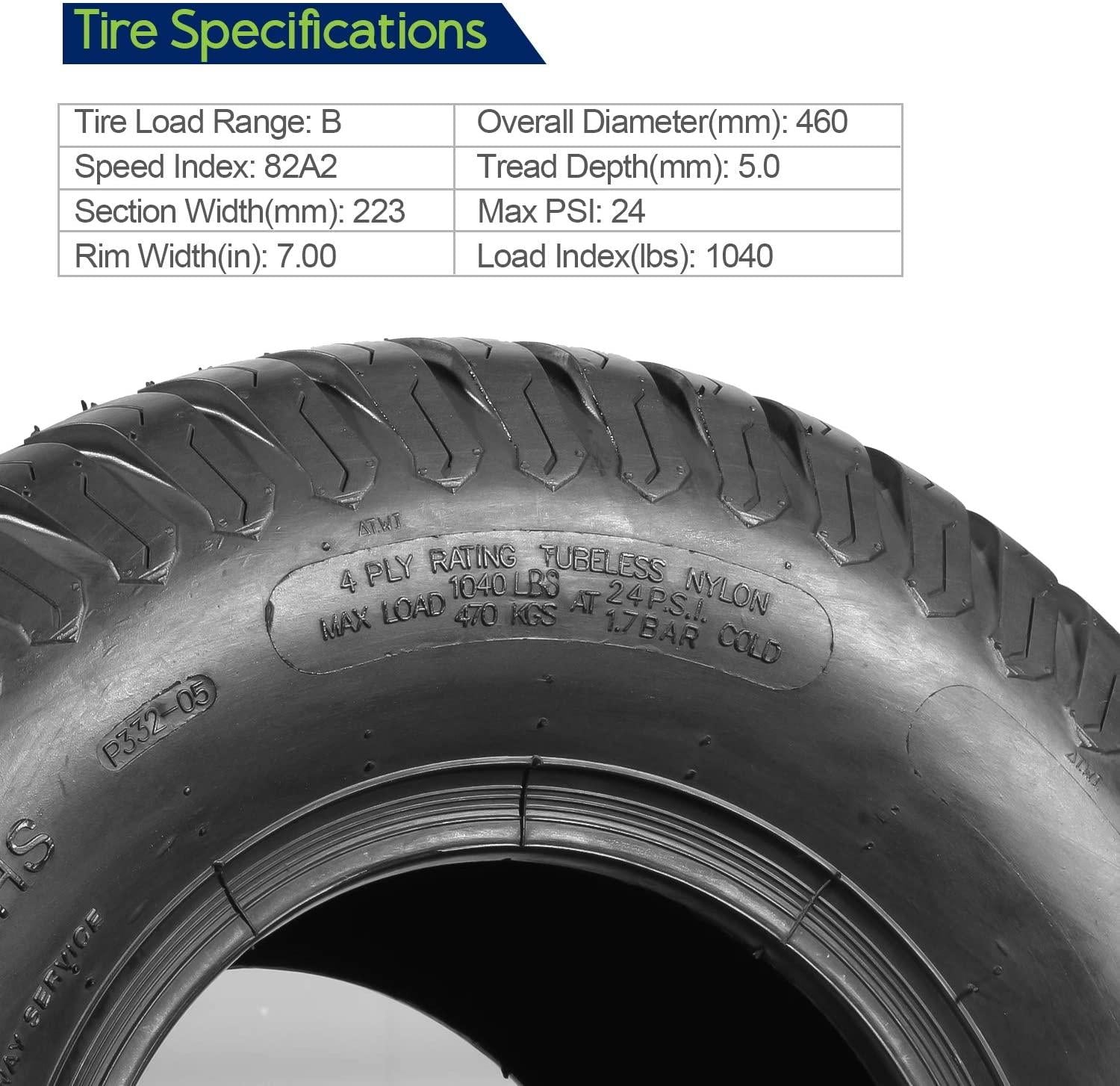 Set of 4 Lawn Mower Turf Tires 15x6-6 Front & 18x9.5-8 Rear Tractor Riding, 4PR, Tubeless