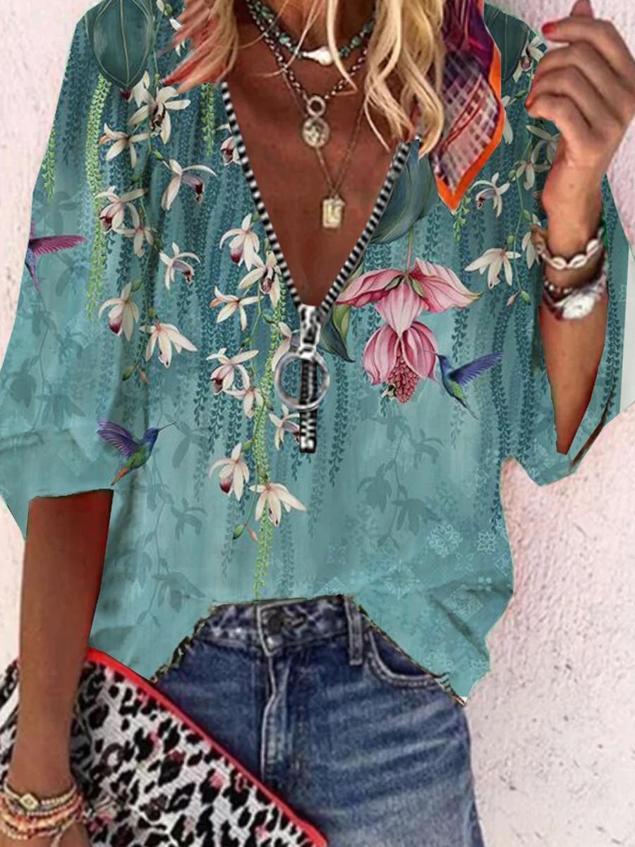 Fashion Floral Print Zipper Collar Shirt