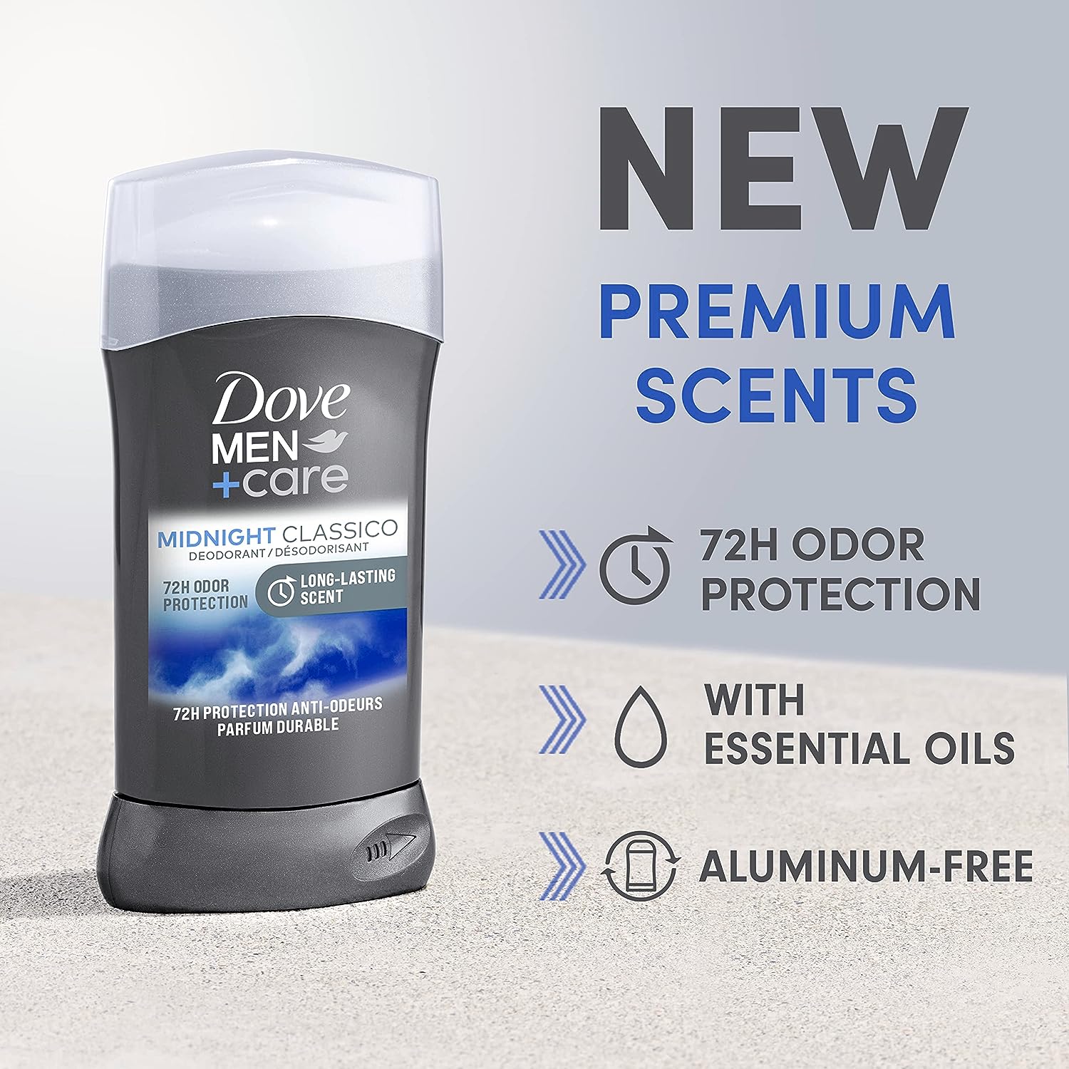 Dove Men+Care Deodorant Stick for Men Midnight Classico 3 Count Aluminum Free 72-Hour Odor Protection Mens Deodorant With Essential Oils &amp; 1/4 Moisturizing Cream 3oz