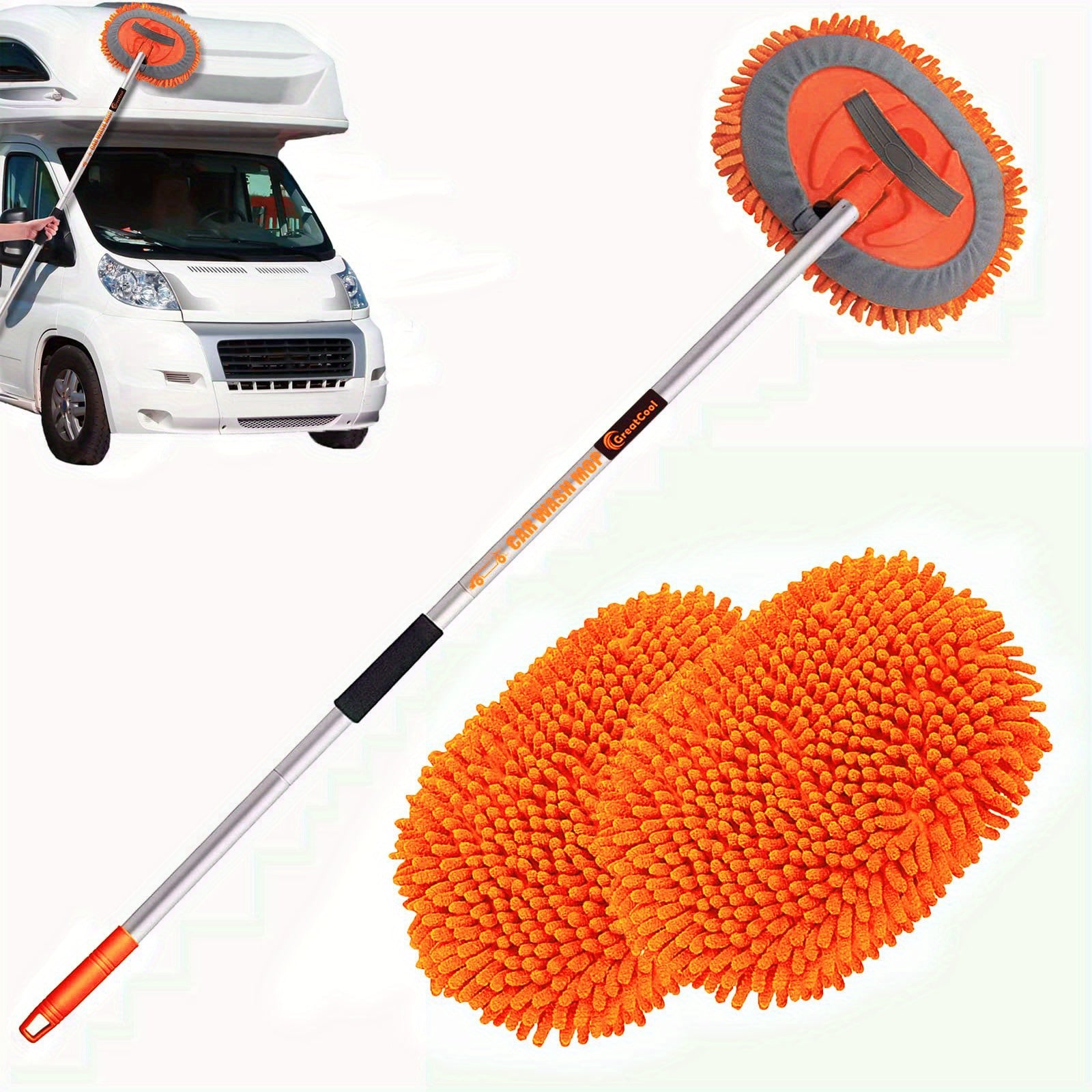 62" Car Wash Brush Kit With Long Handle, Scratch Mop Cleaning Mitt Suitable For Washing Cars Truck SUV RV Caravans And Household(2 X Mop Head)
