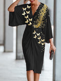 Fashion Butterfly Print Twisted V-neck Midi Dress Women