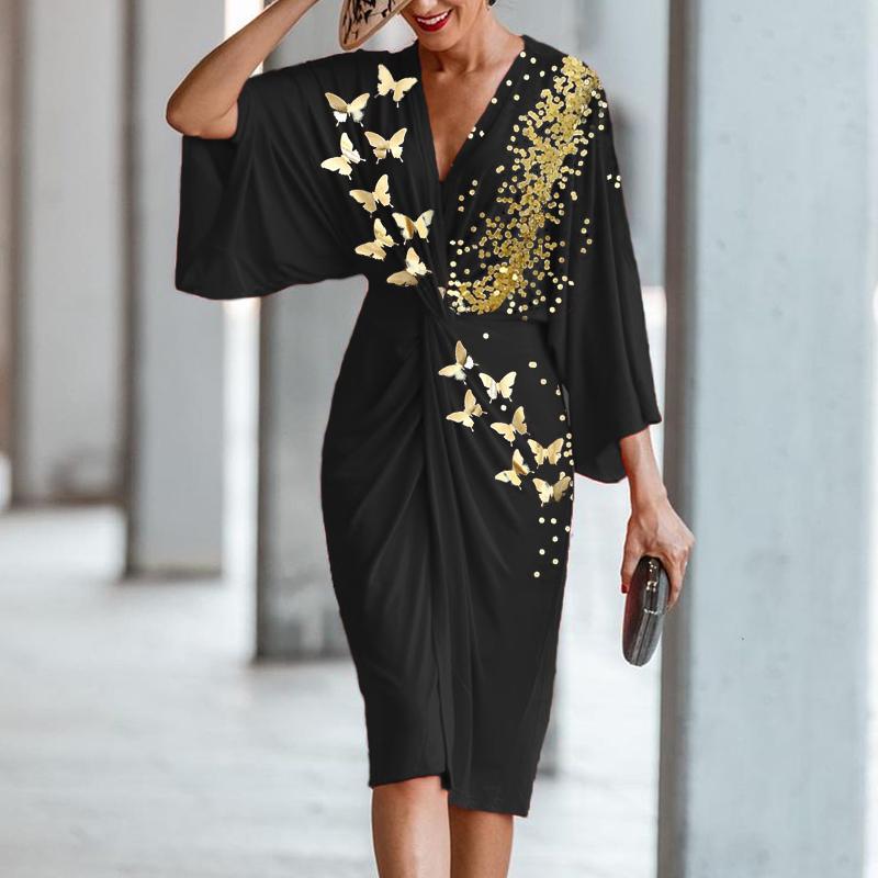 Fashion Butterfly Print Twisted V-neck Midi Dress Women