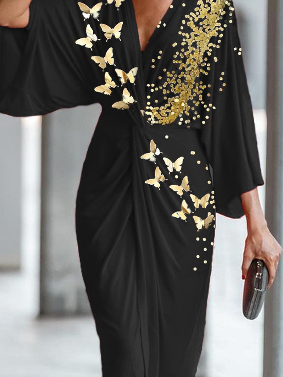 Fashion Butterfly Print Twisted V-neck Midi Dress Women