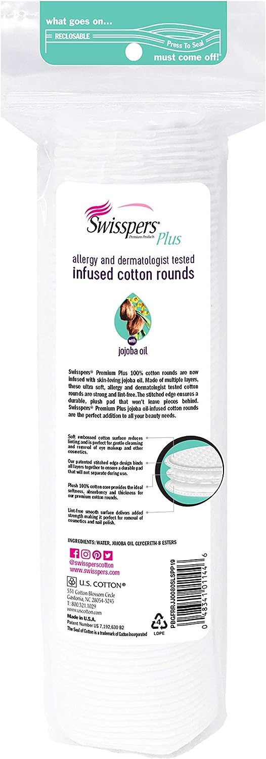 Swisspers Infused Premium Cotton Rounds with Jojoba Oil, 480-Count (6 Packages of 80-Count Rounds)