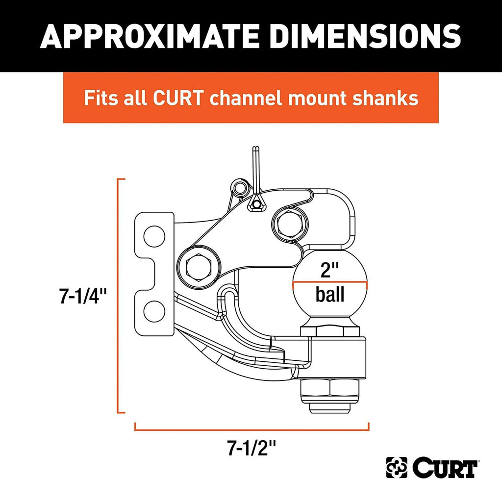 CURT 45919 Channel Mount Pintle Attachment with 2-Inch Ball, 10,000 lbs, Shank Required , Black