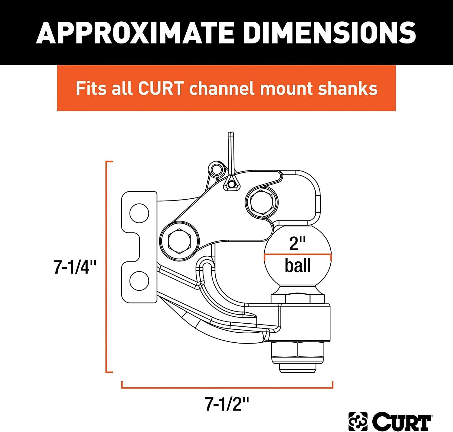 CURT 45919 Channel Mount Pintle Attachment with 2-Inch Ball, 10,000 lbs, Shank Required , Black
