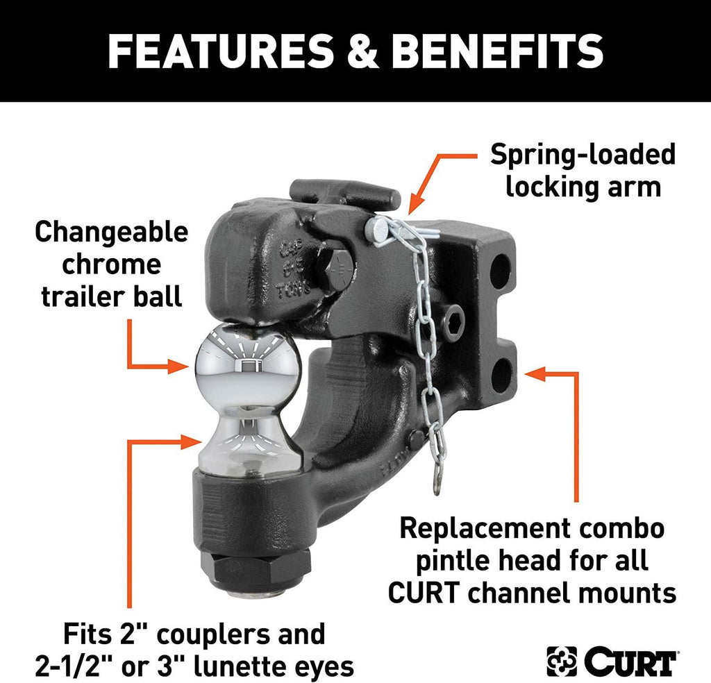 CURT 45919 Channel Mount Pintle Attachment with 2-Inch Ball, 10,000 lbs, Shank Required , Black