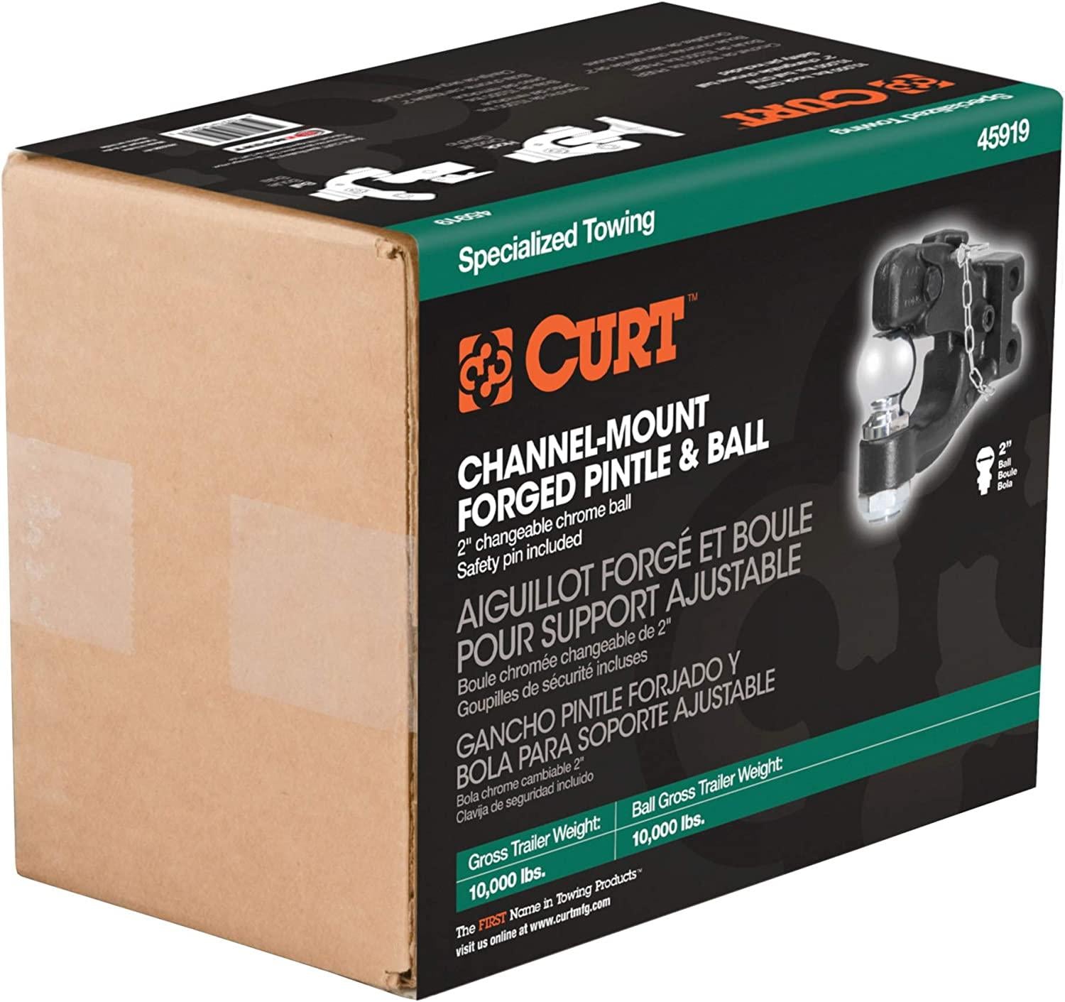 CURT 45919 Channel Mount Pintle Attachment with 2-Inch Ball, 10,000 lbs, Shank Required , Black