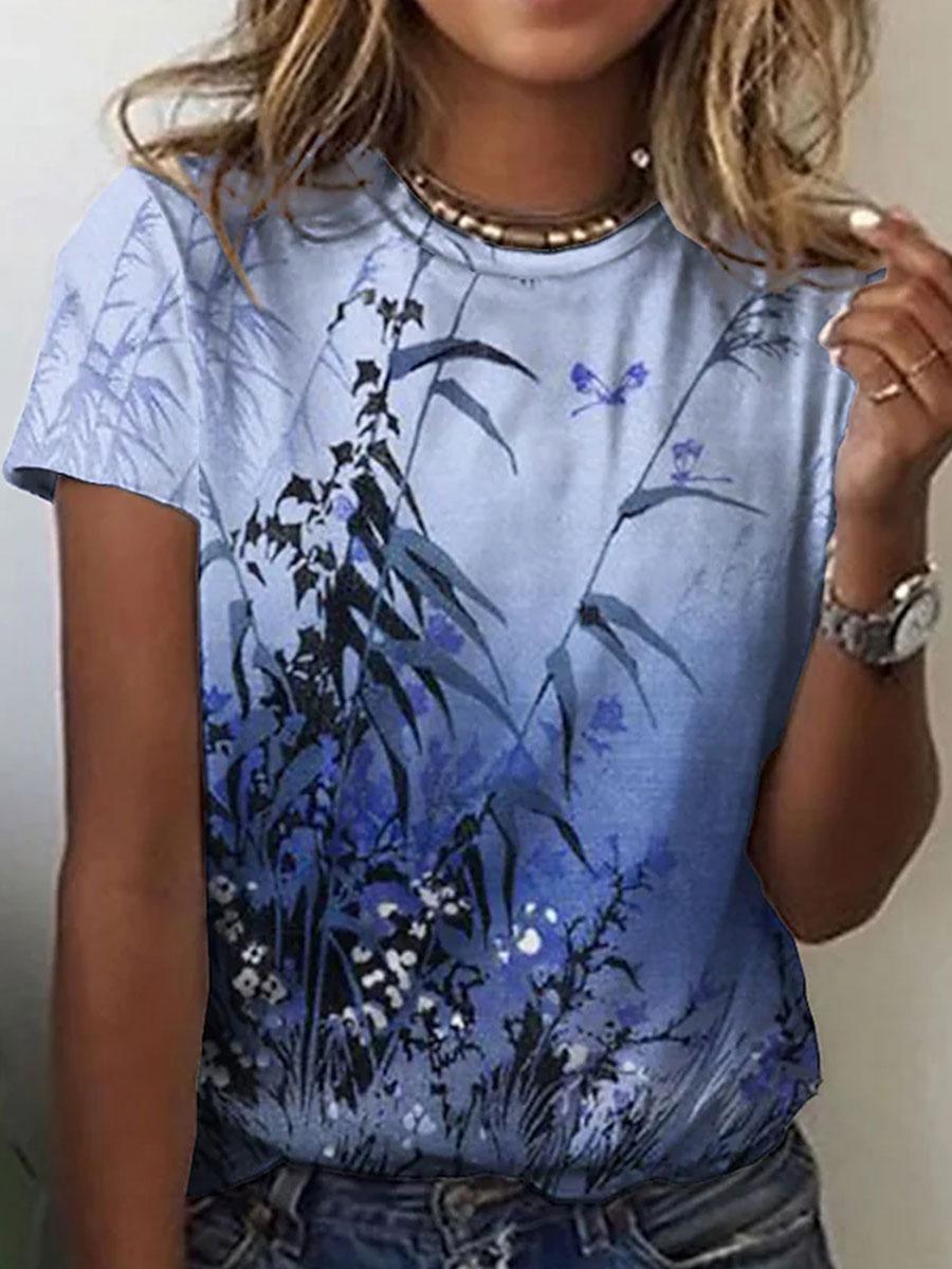 Round Neck Casual Loose Bamboo Print Short Sleeve T-shirt