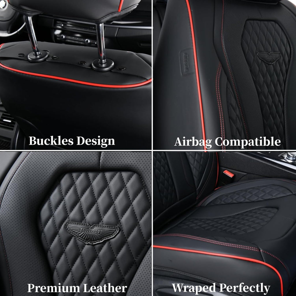 Coverado Leather Seat Covers Front, 2-Pack Universal Seat Covers for Cars, Waterproof Luxury Leatherette Car Seat Cushions, Auto Car Seats Protectors, Driver Seat Covers Fit for Most Vehicles Red line