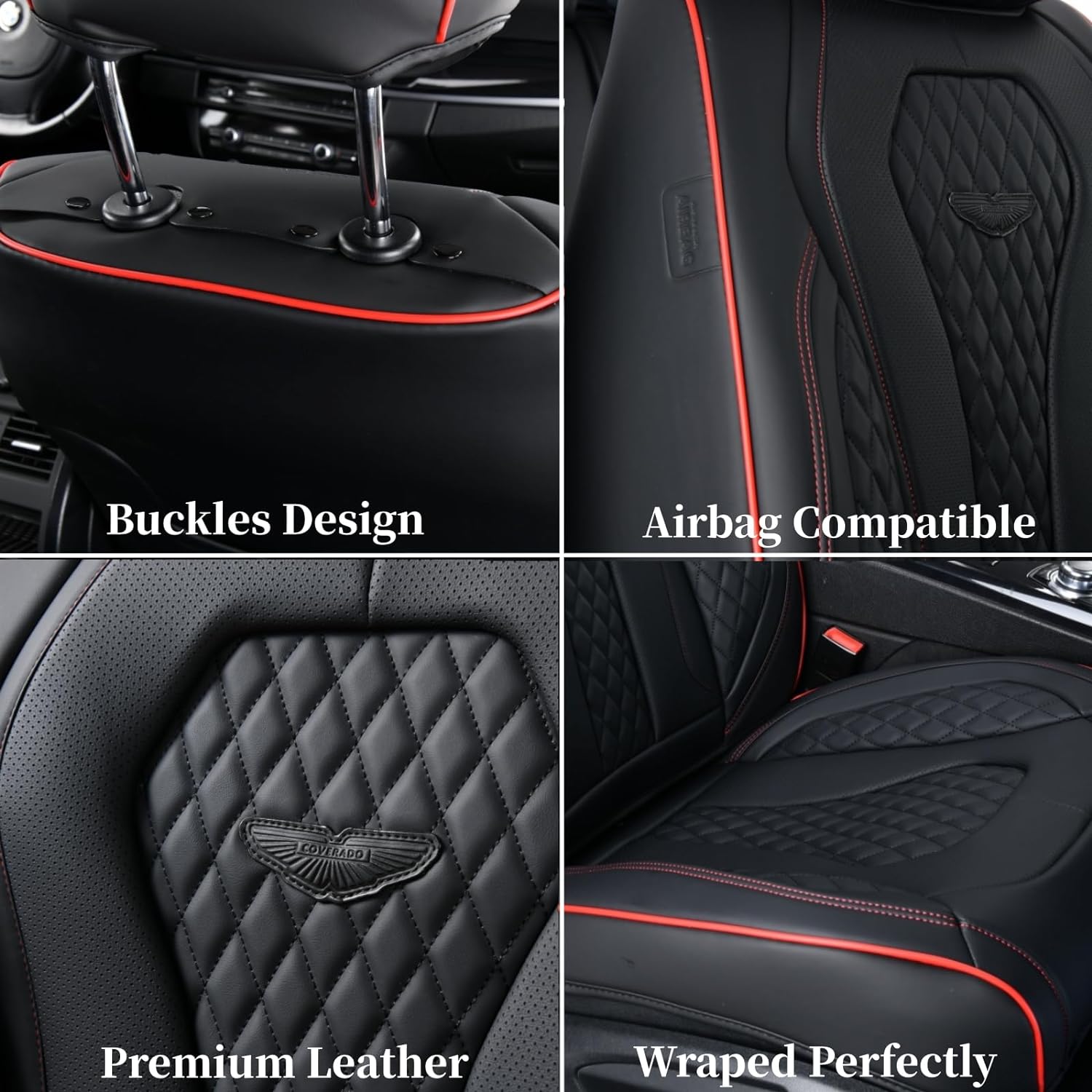 Coverado Leather Seat Covers Front, 2-Pack Universal Seat Covers for Cars, Waterproof Luxury Leatherette Car Seat Cushions, Auto Car Seats Protectors, Driver Seat Covers Fit for Most Vehicles Red line