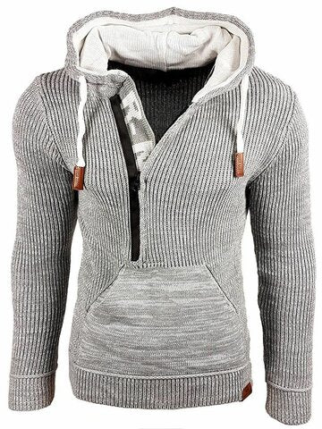 mens letter v-neck zip knit pullover casual drawstring hooded sweaters