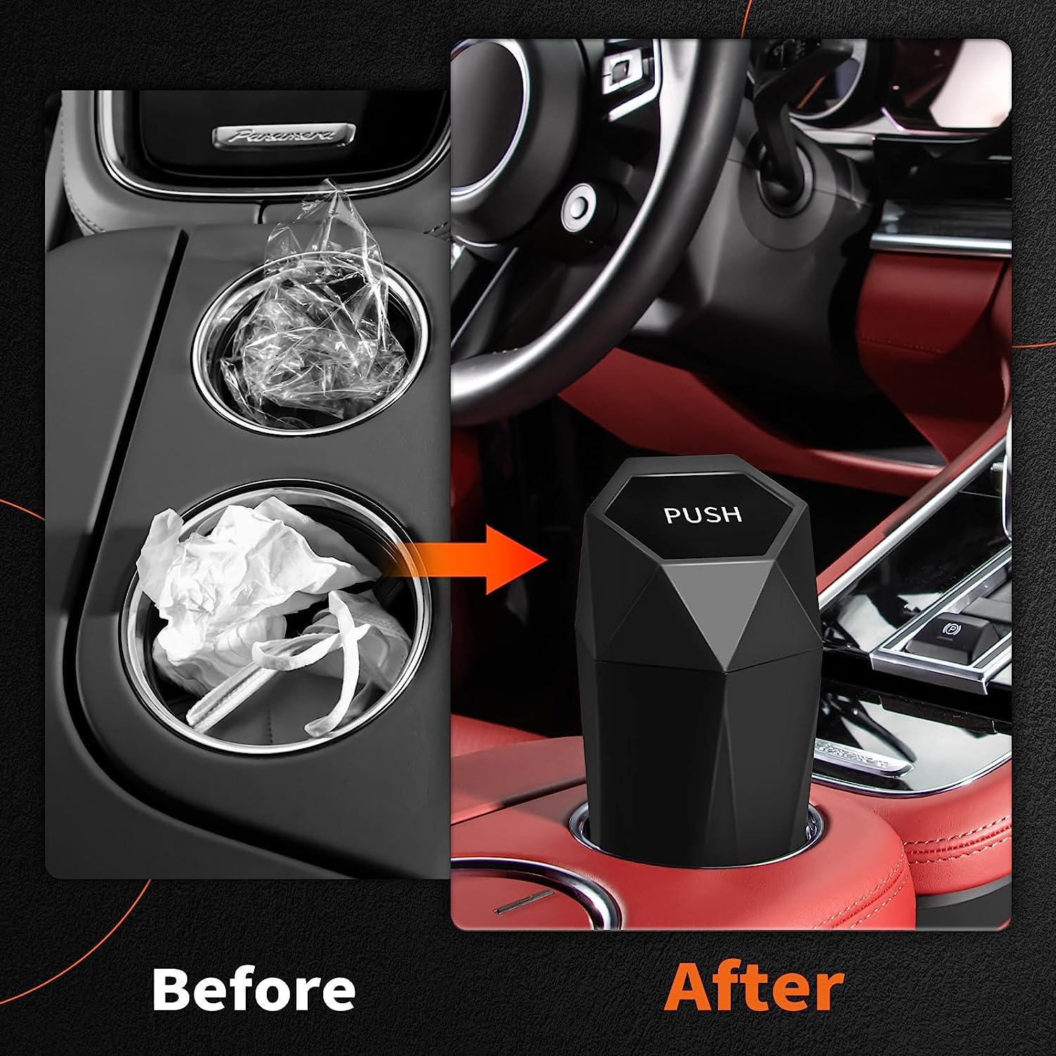 HOTOR Car Trash Can with Lid - 1 Pack, Mini Essential Car Accessories for Interior, Leakproof Car Garbage Can with 15 Attached Trash Bags, Multipurpose Car Organizers and Storage