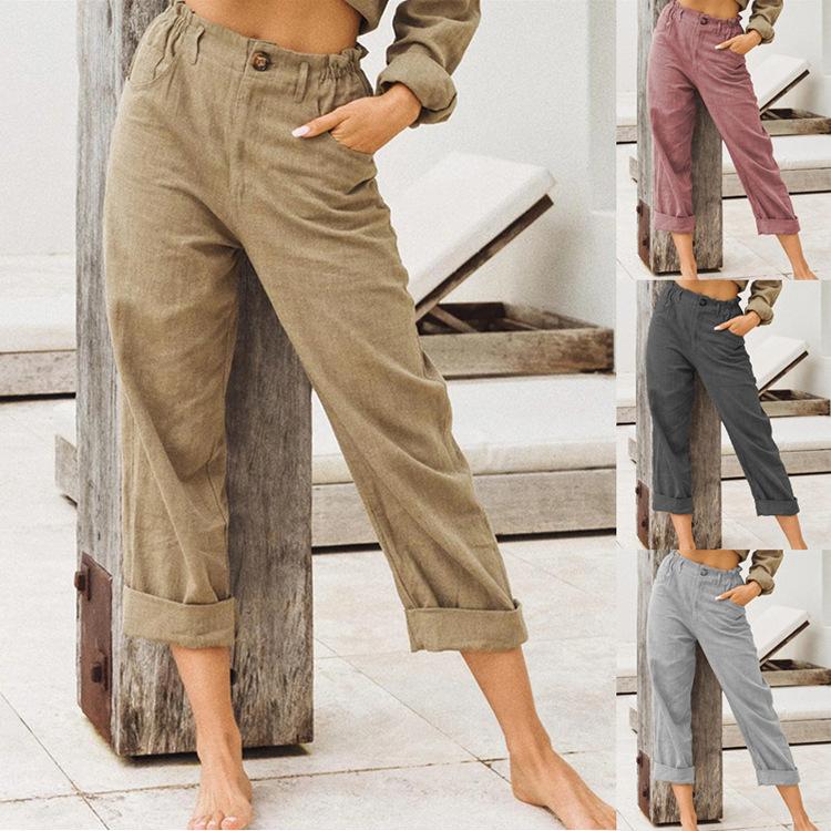 Pure color cotton and linen fashion loose high waist trouser