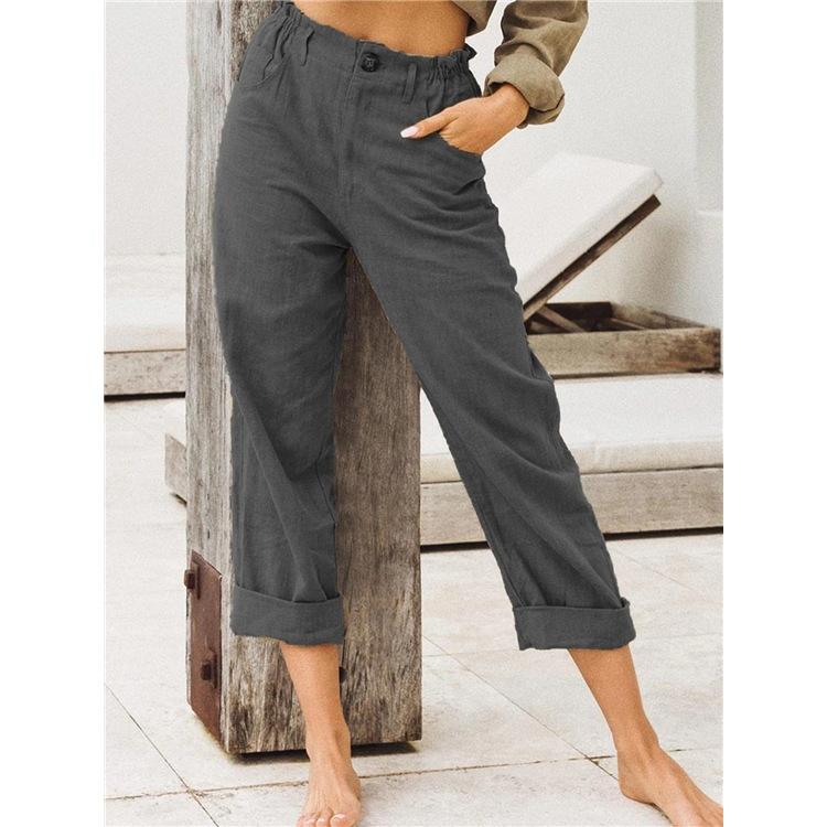 Pure color cotton and linen fashion loose high waist trouser