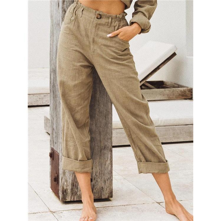Pure color cotton and linen fashion loose high waist trouser
