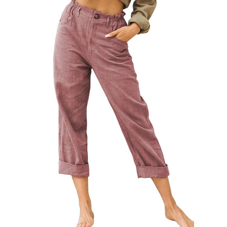Pure color cotton and linen fashion loose high waist trouser