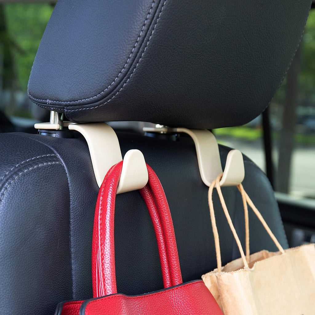 Amooca Universal Multifunctional Car Vehicle Headrest Hook, Organizer Hanger Storage Hook for Bag Purse Cloth Grocery (Beige Set of 4)