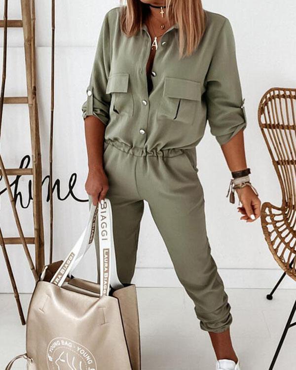 shirt collar half-sleeved single-breasted pockets cargo jumpsuit