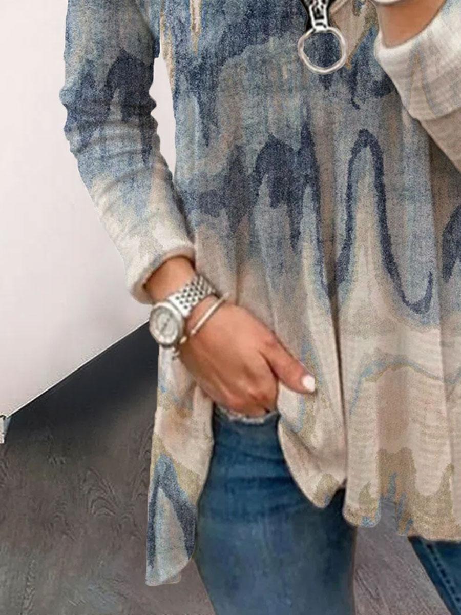Fashion Printed Zipper V-neck Long-sleeved Casual T-shirt