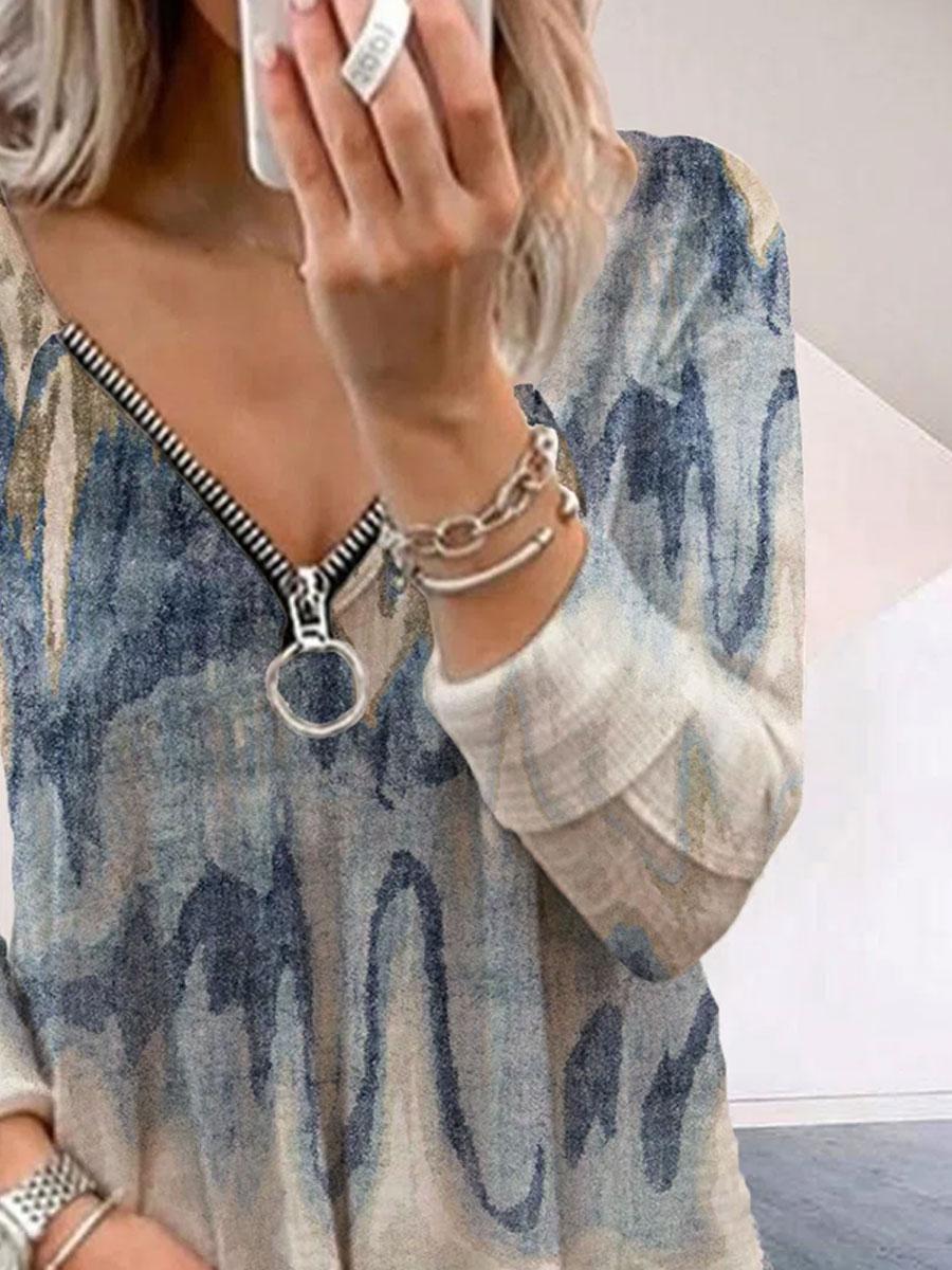 Fashion Printed Zipper V-neck Long-sleeved Casual T-shirt
