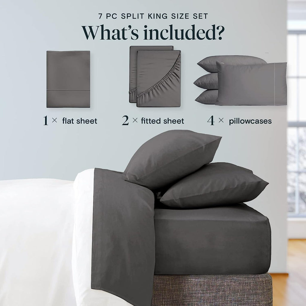 LuxClub 7 PC Split King Sheet Set Bamboo Sheets Deep Pockets 18" Eco Friendly Wrinkle Free Cooling Sheets Machine Washable Hotel Bedding Silky Soft - Dark Grey Split King