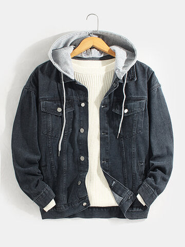 mens cotton button front outdoor stylish detachable hooded denim jacket with pocket