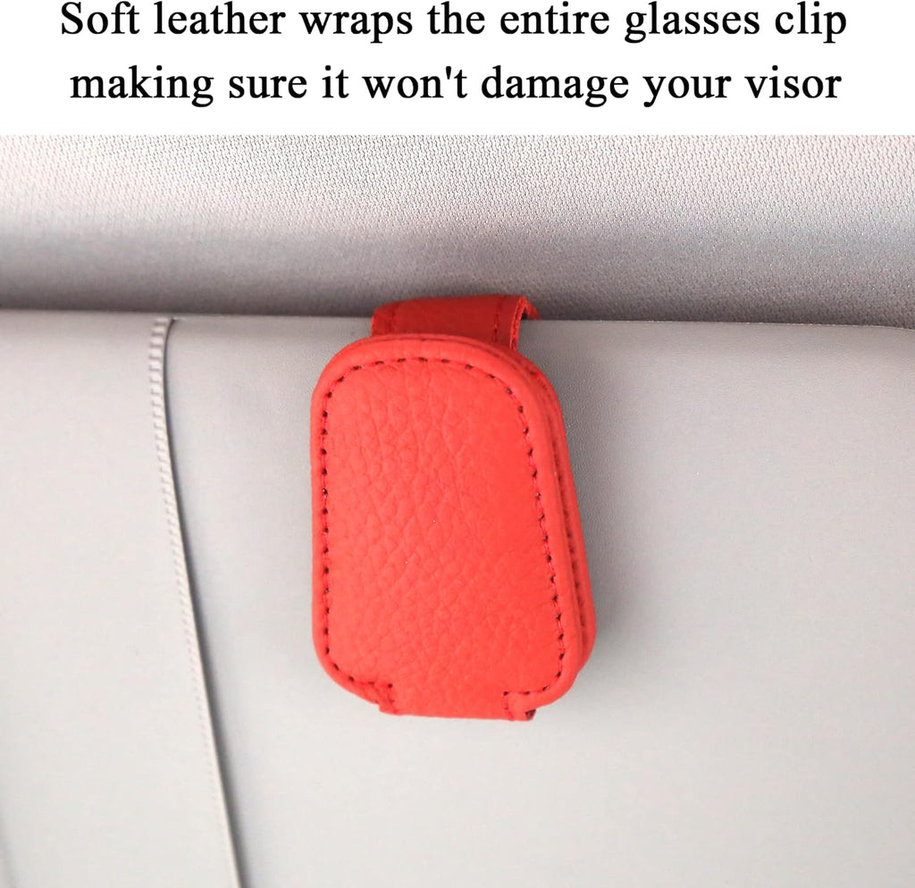 KIWEN Sunglasses Holders for Car Sun Visor, Magnetic Leather Glasses Eyeglass Hanger Clip for Car, Ticket Card Clip Eyeglasses Mount (Red)