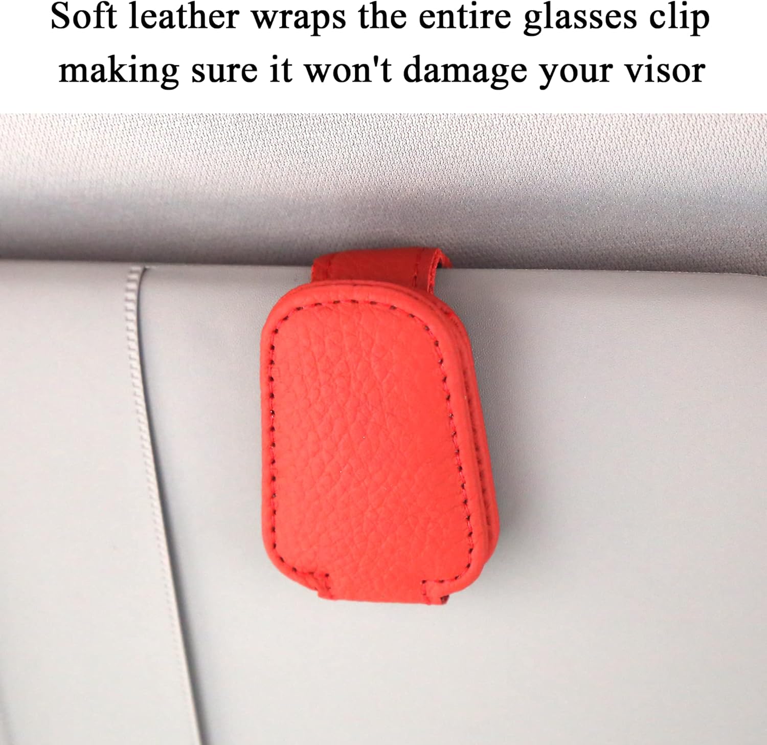 KIWEN Sunglasses Holders for Car Sun Visor, Magnetic Leather Glasses Eyeglass Hanger Clip for Car, Ticket Card Clip Eyeglasses Mount (Red)