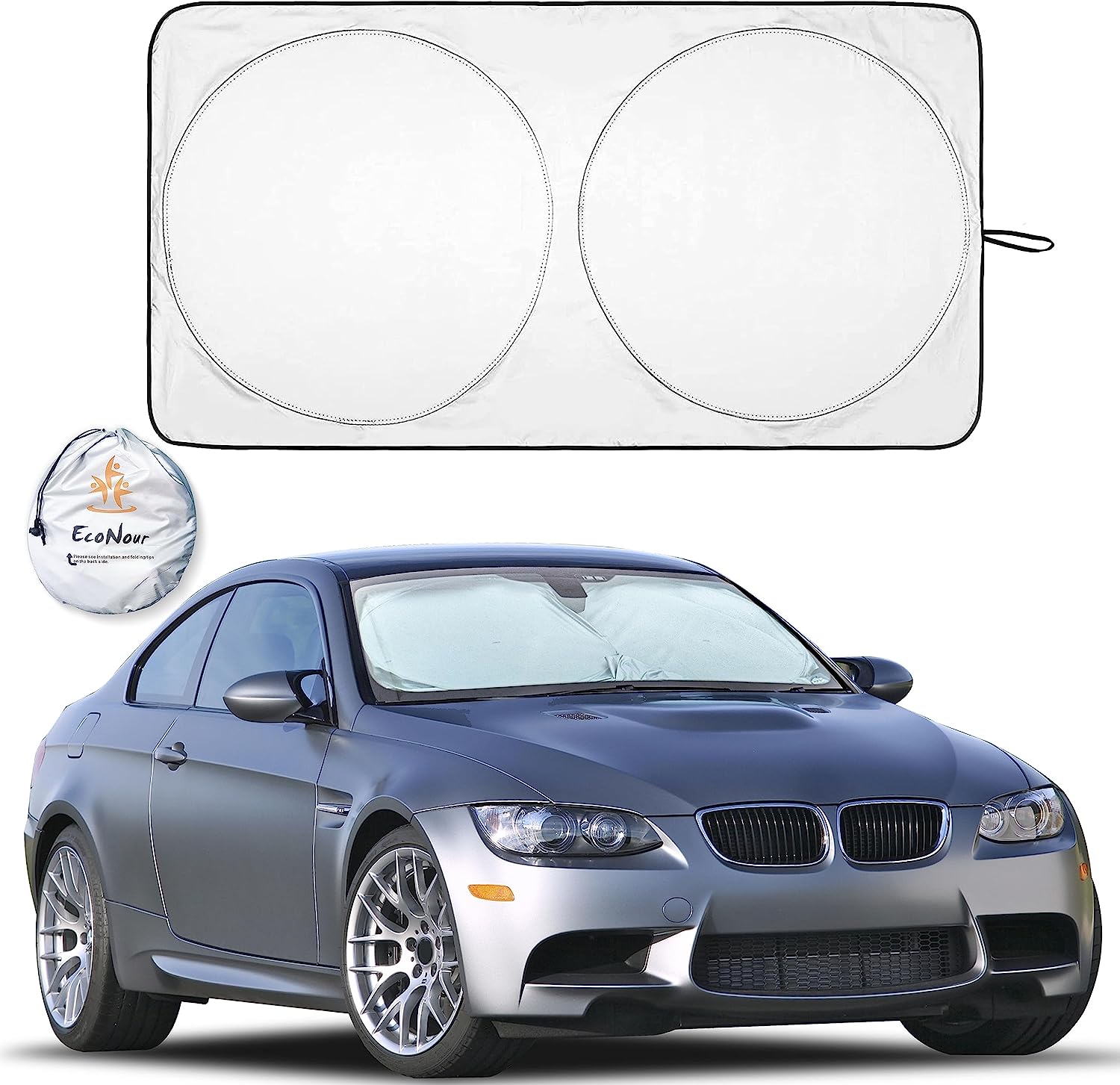 EcoNour Car Windshield Sun Shade | Reflector Sunshade Offers Ultimate Protection for Car Interior | Cool Car Reflective Sun Blocker Fits Most Sedans, Mini SUVs, &amp; Hatchbacks