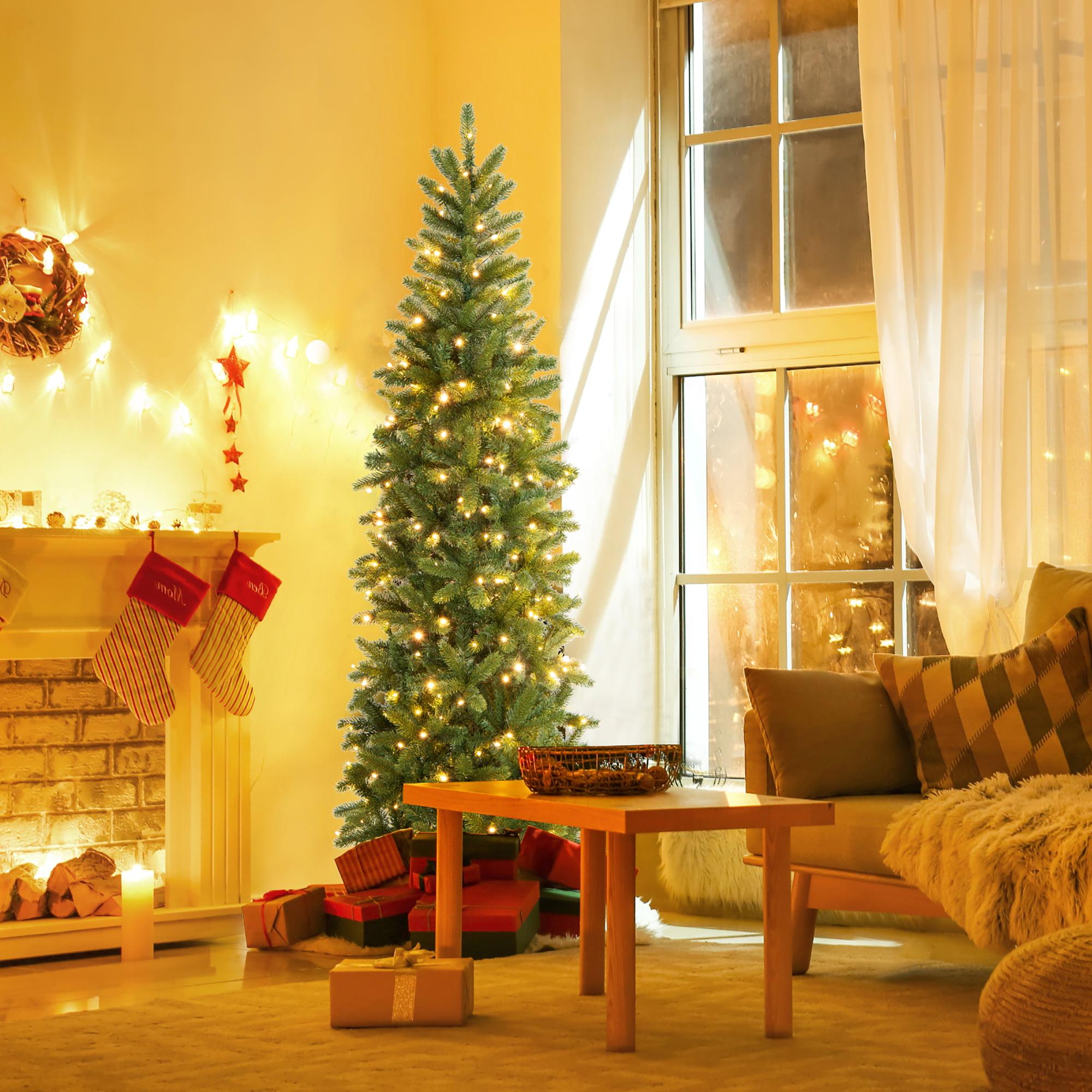Gymax 6FT Hinged Pre-lit Christmas Slim Pencil Tree w/ 10 Lighting Modes &amp; 648 Tips