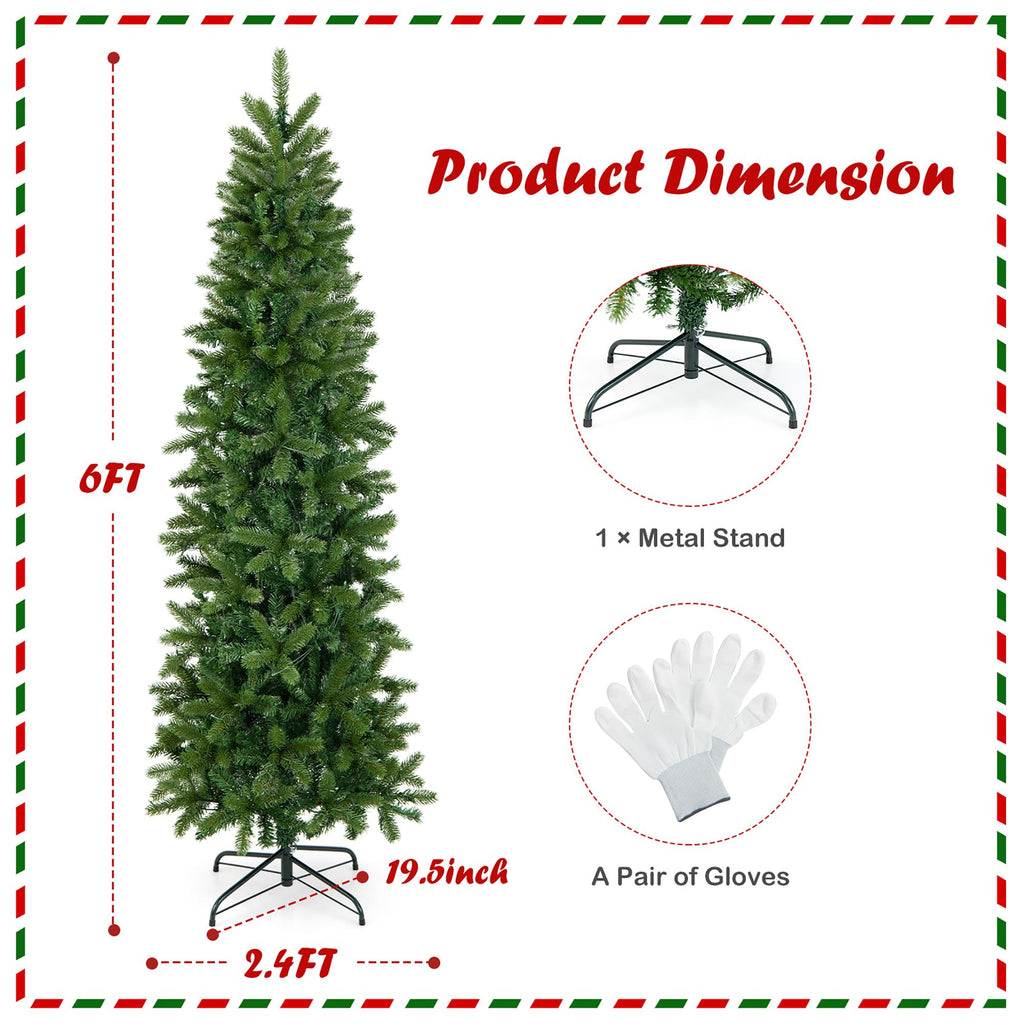 Gymax 6FT Hinged Pre-lit Christmas Slim Pencil Tree w/ 10 Lighting Modes &amp; 648 Tips