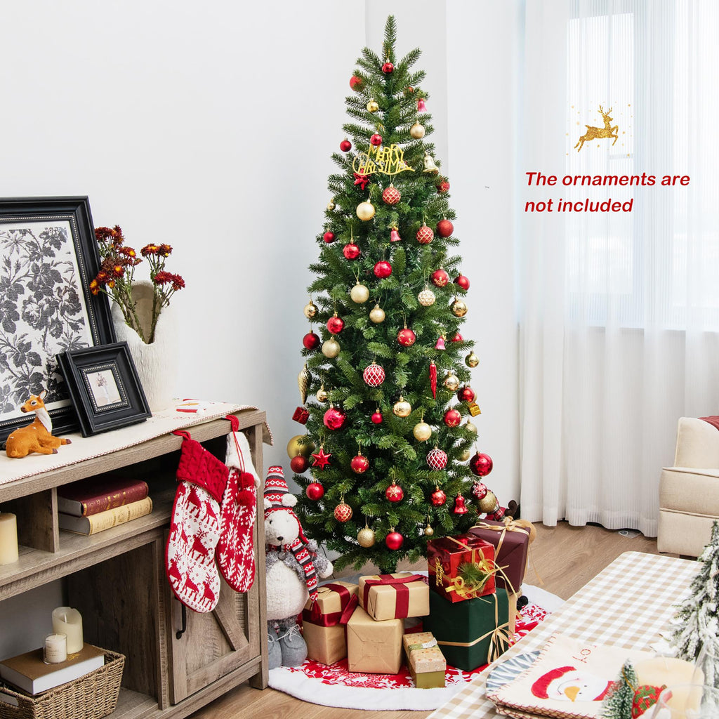 Gymax 6FT Hinged Pre-lit Christmas Slim Pencil Tree w/ 10 Lighting Modes &amp; 648 Tips