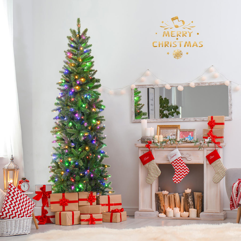 Gymax 6FT Hinged Pre-lit Christmas Slim Pencil Tree w/ 10 Lighting Modes &amp; 648 Tips