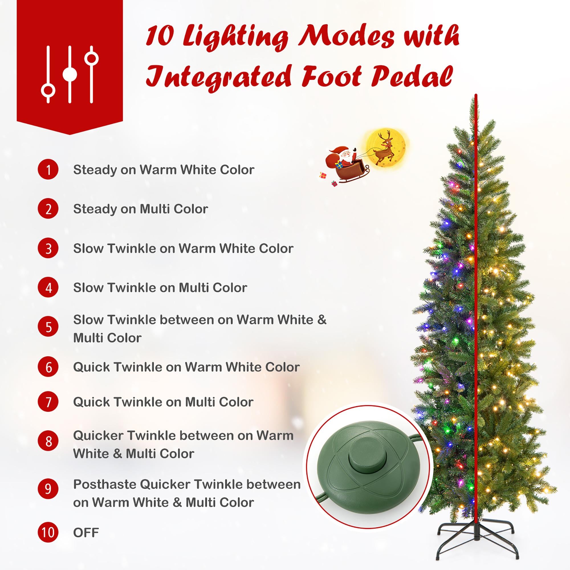 Gymax 6FT Hinged Pre-lit Christmas Slim Pencil Tree w/ 10 Lighting Modes &amp; 648 Tips