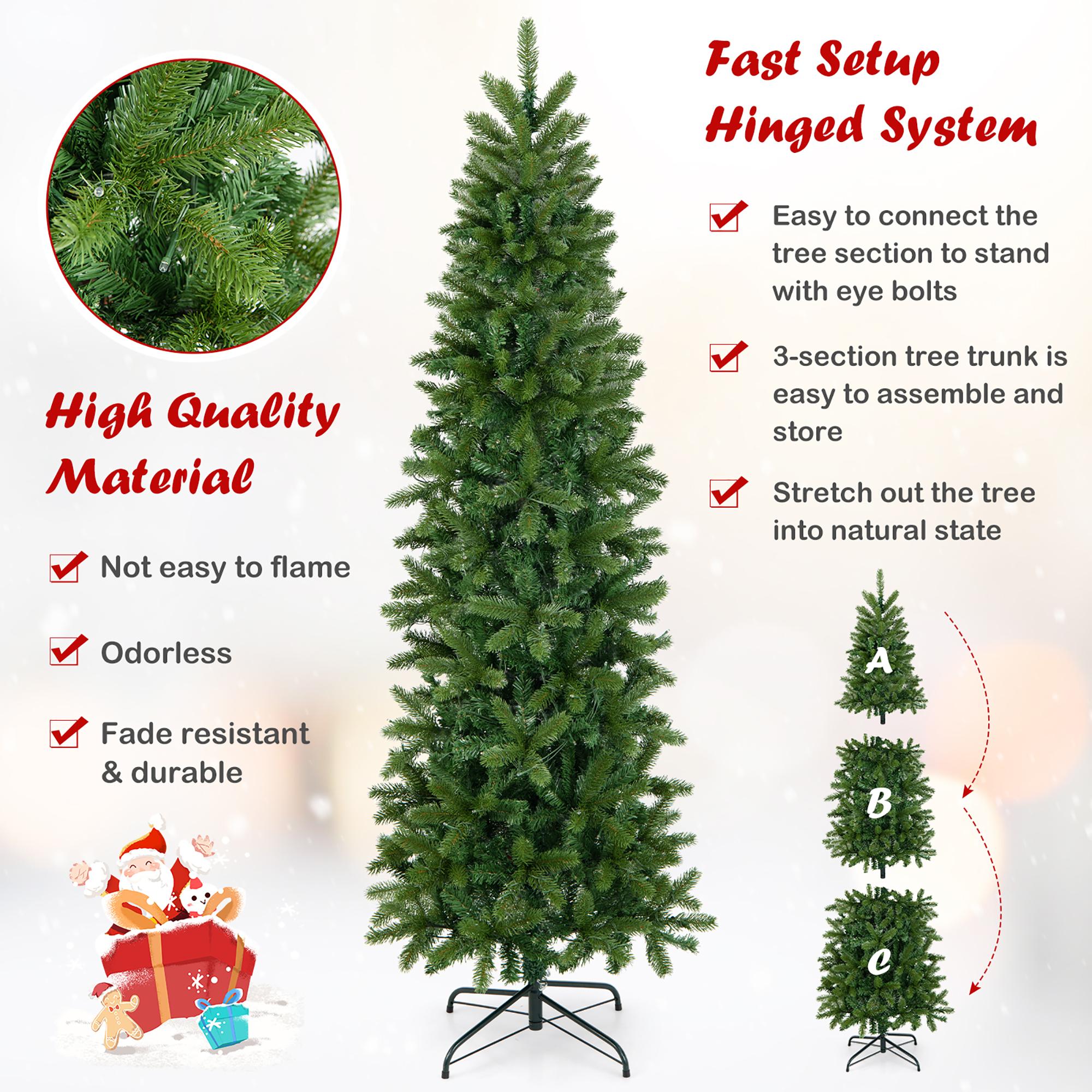 Gymax 6FT Hinged Pre-lit Christmas Slim Pencil Tree w/ 10 Lighting Modes &amp; 648 Tips