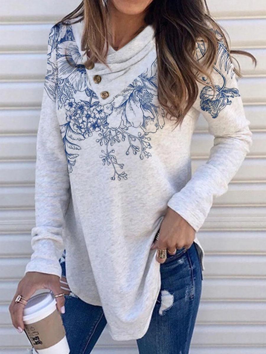Floral Print V-neck Casual Long-sleeved T-shirt