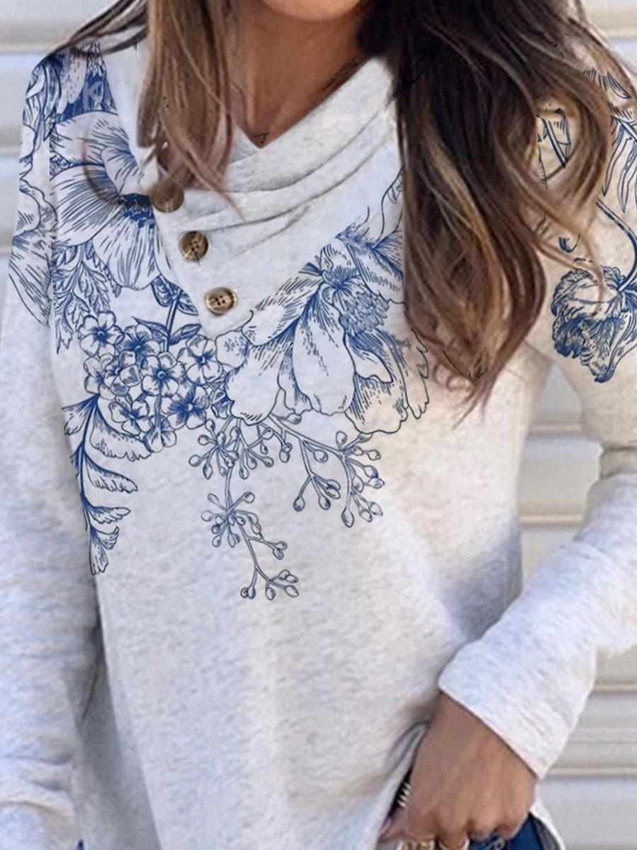 Floral Print V-neck Casual Long-sleeved T-shirt