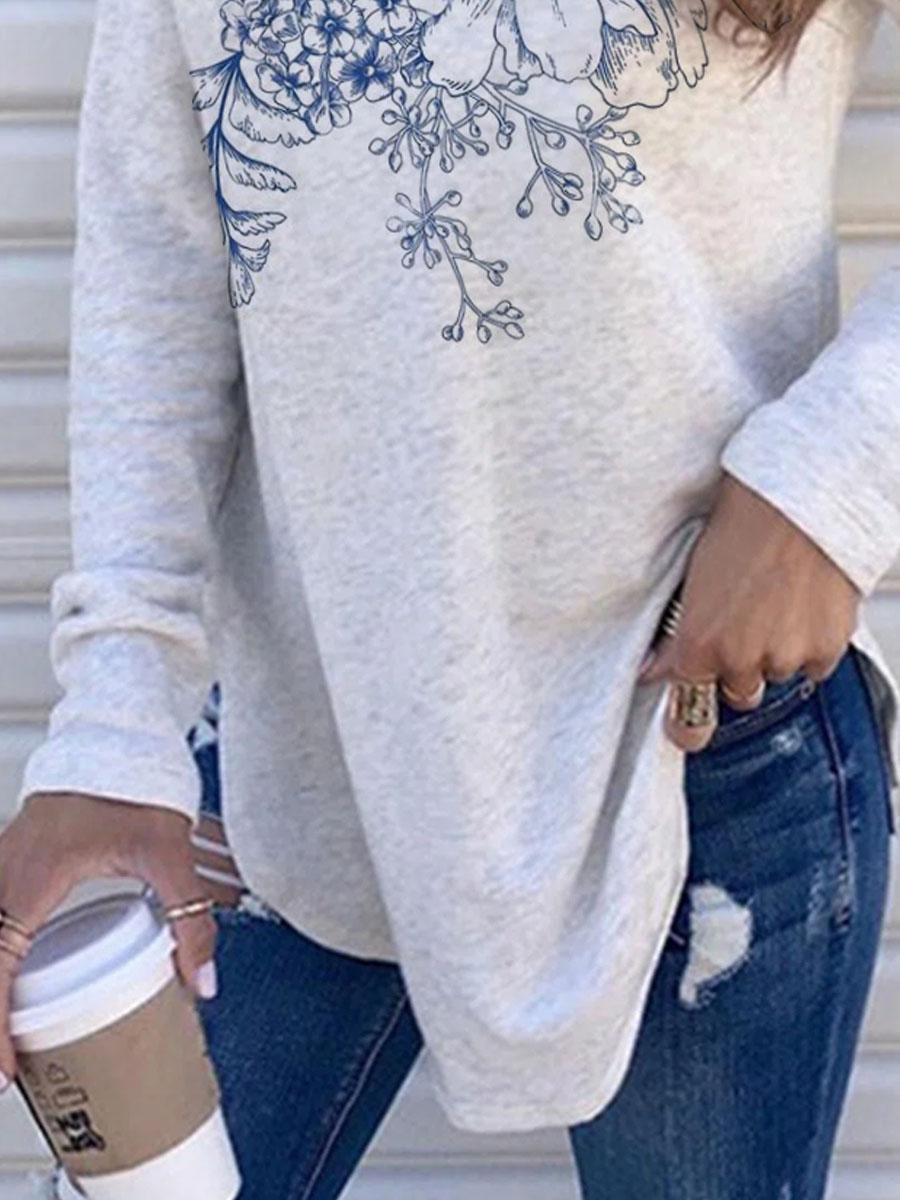 Floral Print V-neck Casual Long-sleeved T-shirt