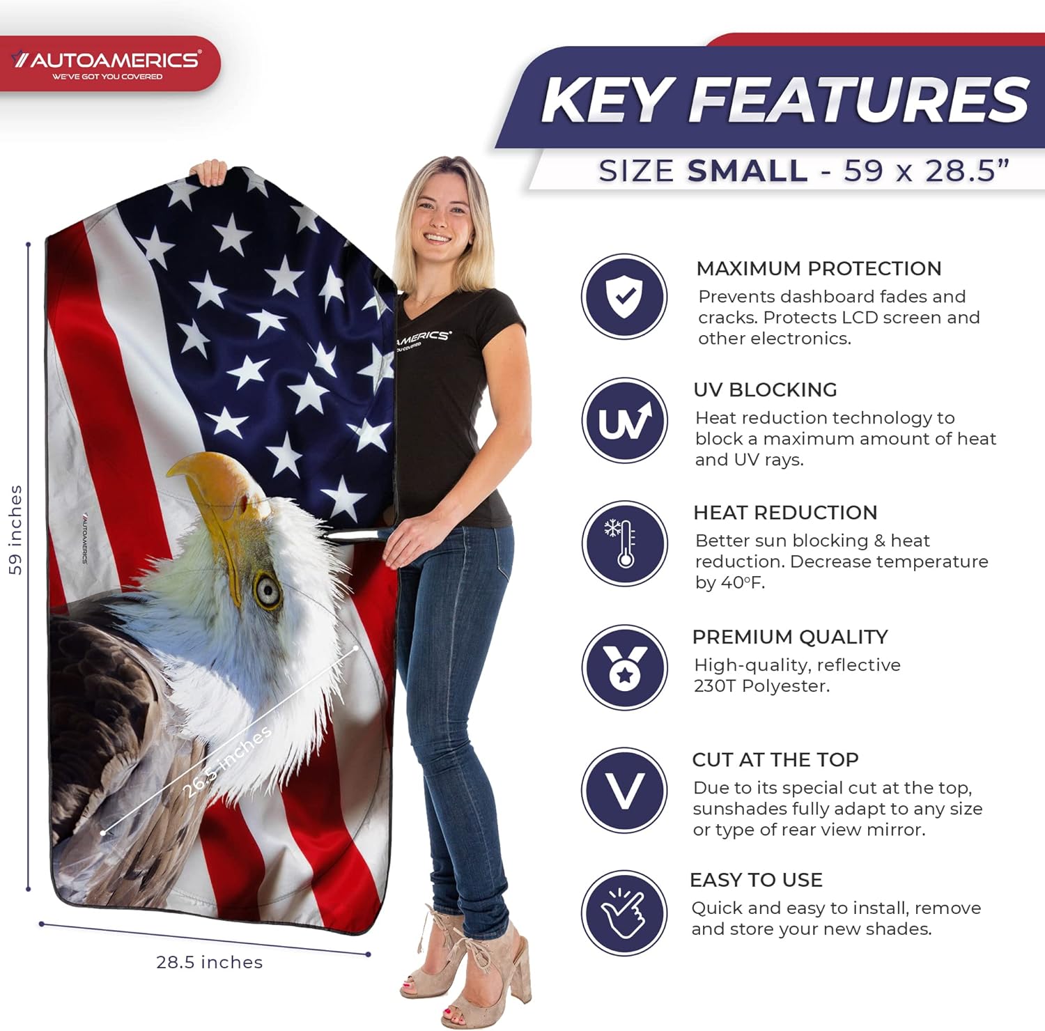 Autoamerics 1-Piece Windshield Sun Shade American Eagle Flag - 2 USA Patriotic  - Foldable Car Front Window Sunshade for Sedans SUV Truck - Blocks Max UV Rays and Keeps Your Vehicle Cool - Small