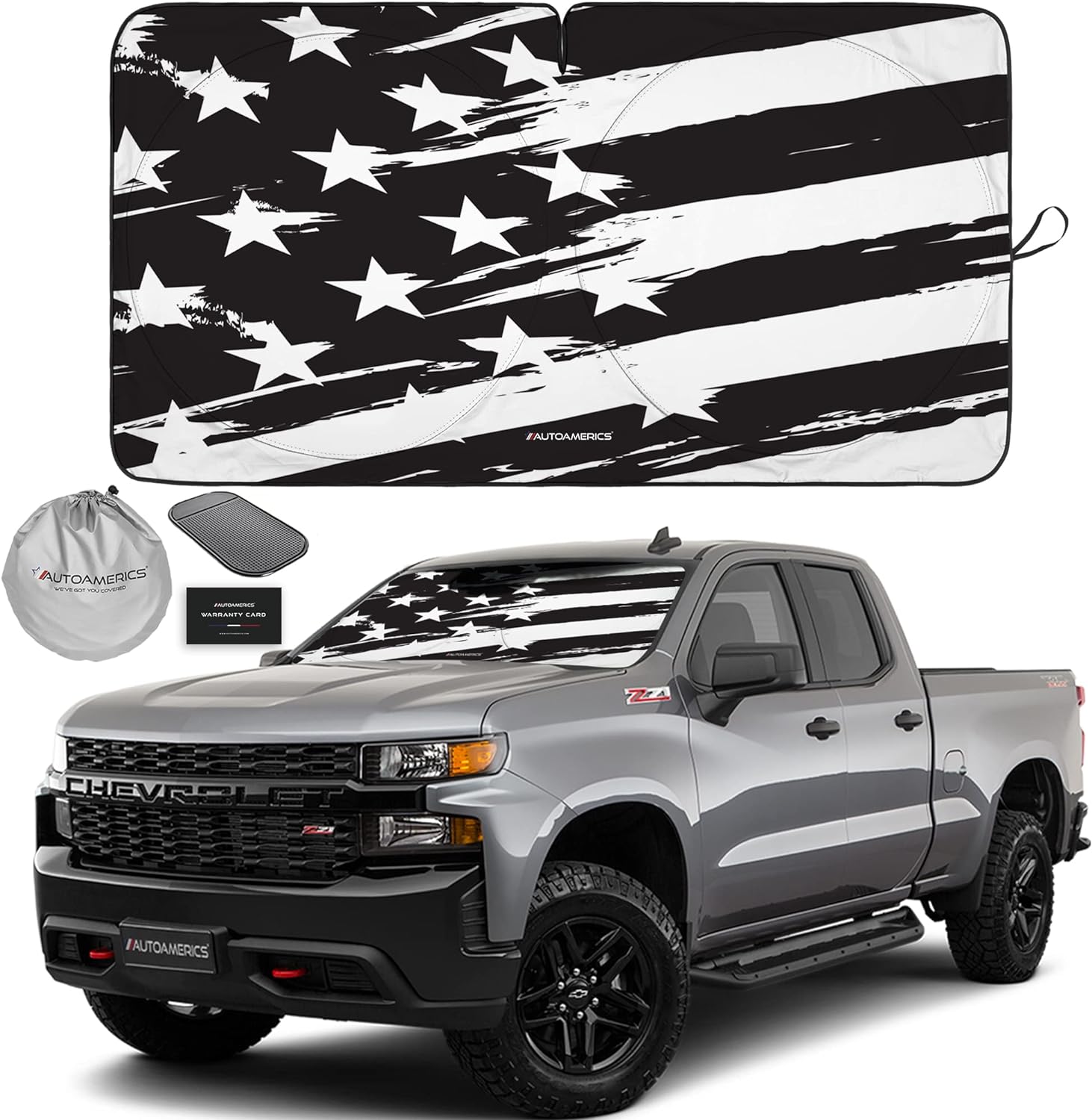 Autoamerics 1-Piece Windshield Sun Shade B&amp;W Art American Flag USA  - Foldable Car Front Window Sunshade for Most Sedans SUV Truck - Blocks Max UV Rays and Keeps Your Vehicle Cool - Large